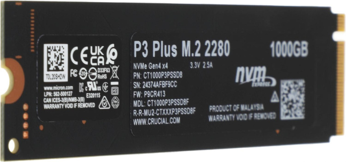 SSD накопитель Crucial P3 Plus CT1000P3PSSD8 1ТБ, M.2 2280, PCIe 4.0 x4,  NVMe,  M.2