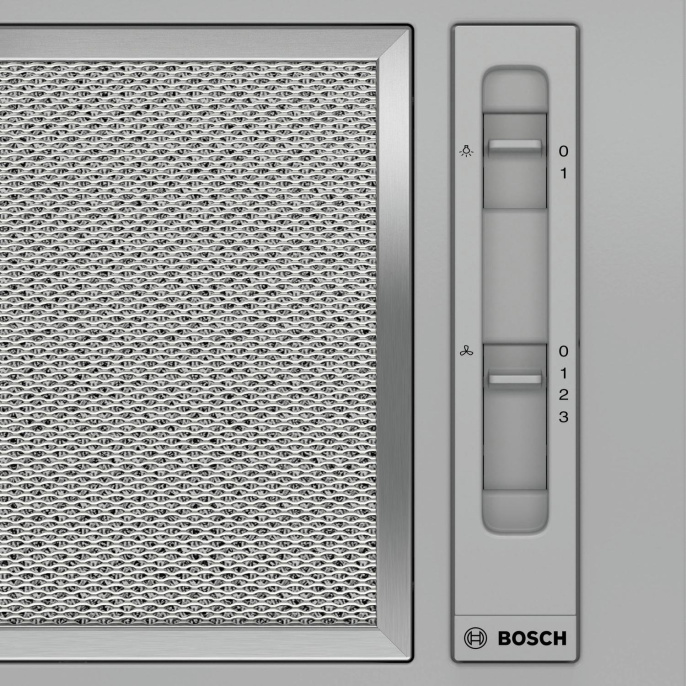 Вытяжка BOSCH Встраивамая вытяжка, производительность до 302 м3/ч., 1 мотор, 3 ступен и + интенсивный режим, LED-освещение 2 х 2,15 Вт , ползунковый переключатель (DLN52AA70)