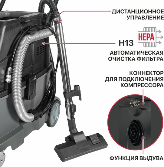 Пылесос P.I.T. PVC40-C (строительный, электрический, 1600Вт, розетка 2кВт, коннектор, 40л, сух/мокр)