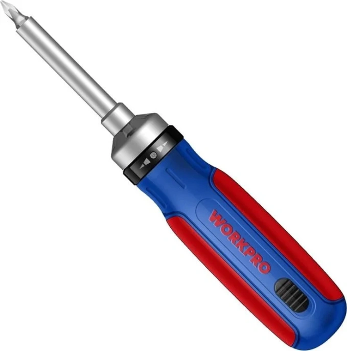 Отвертка WorkPro WP221061 (с трещоткой, 3-позиционный прецизионный храповик с 72 зубьями: прямой/ обратный ход / блокировка, в рукоятке хранятся биты 14шт, стержень из хром-ванадиевой стали для большей прочности и долговечности, эргономичная мягкая ручка 