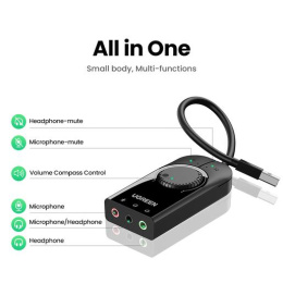Аудио переходник UGREEN CM129-40964 USB to AUX 3.5mm, Mic & Ear, выход 1 - зеленый порт 3,5 мм для наушников, выход 2 - красный порт 3,5 мм для микрофона, выход 3 - комбинированный разъём для гарнитуры, функция отключения наушников и микрофона и регулято