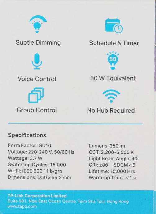 Умная лампа TP-Link Tapo L630 GU10 3.7Вт 350lm Wi-Fi упак.:1шт