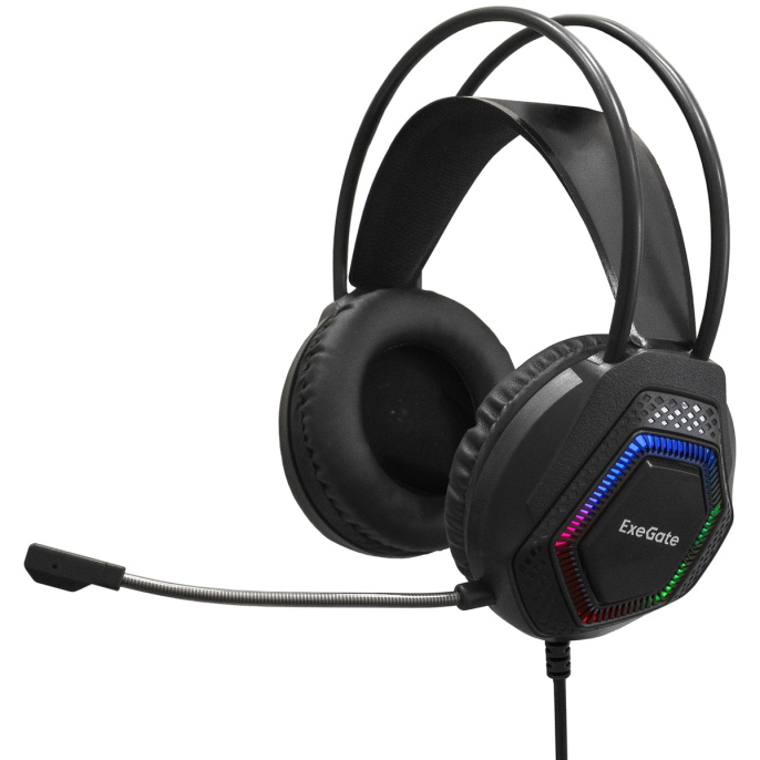 Гарнитура ExeGate Cosmos HS-704GL EX289747RUS Объемный звук 7.1, гибкий дежатель микрофона,  длина кабеля 2.5м, динамик 50мм, 20-20000Гц, RGB подсветка, USB интерфейс