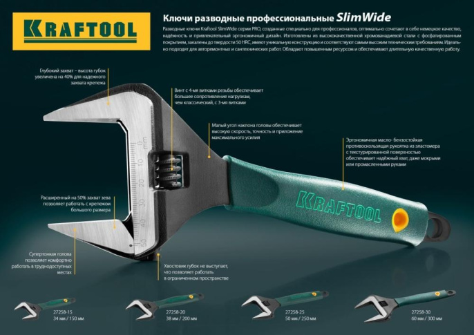 Разводной ключ KRAFTOOL SlimWide 300/60 мм 27258-30
