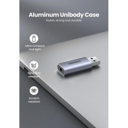 Аудио переходник UGREEN CM383-80864; USB-A to AUX 3,5mm F с поддержкой наушников и микрофона; Частота дискретизации: 96 кГц/24 бит; 192 кГц/16 бит; SNR 100 дБ; Частотная характеристика: 20 Гц-20 кГц;