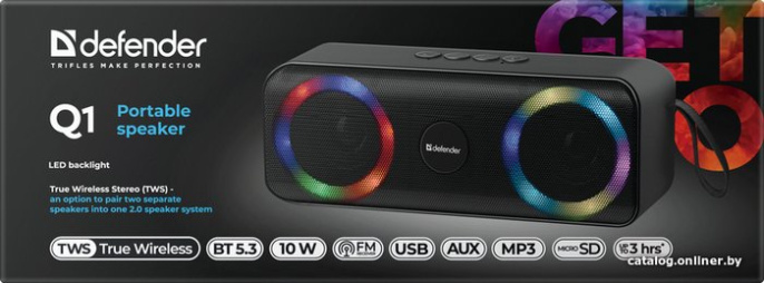 Портативная колонка Q1 10Вт, Light/BT/FM/USB/TF/AUX Defender,65301