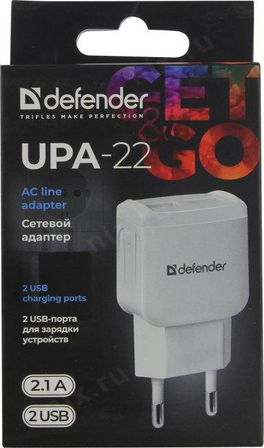 Сетевое зарядное устройство Defender UPA-22,  2xUSB-A,  10.5Вт, 2.1A, белый [83580]