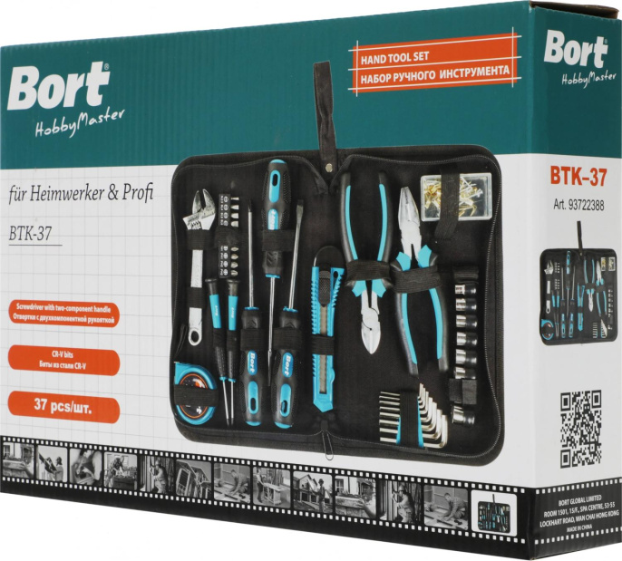 Набор инструментов Bort BTK-37 93722388 37 предметов: отвертка часовые, 2 шт, SL3, HP1 , плоскогубцы, нож, бокорезы, крепеж: гвозди, в комплекте рулетка, сумка