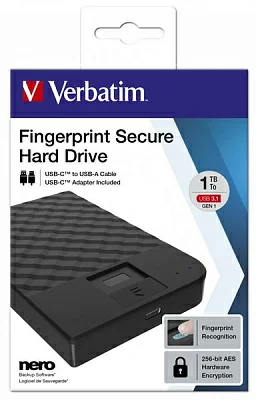 Внешний жеский диск Verbatim HDD External FINGERPRINT SECURE 2,5" 1TB USB 3.1 GEN 1, 256-bit AES ENCRYPTION