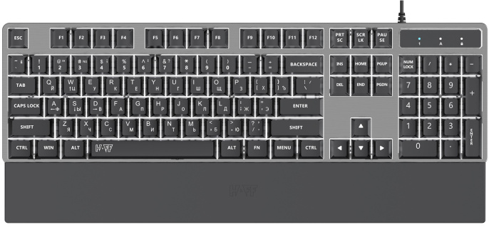 Клавиатура HAFF Gravix KBD-GK150 мембранная, проводная: USB, алюминиевая панель, подставка под запястье, RGB- подсветка, 1.6 м плетеный кабель, цвет: серебристый