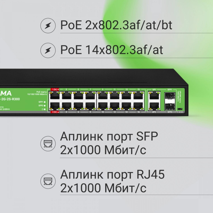 Коммутатор Digma DSP216G-2G-2S-R300, неуправляемый