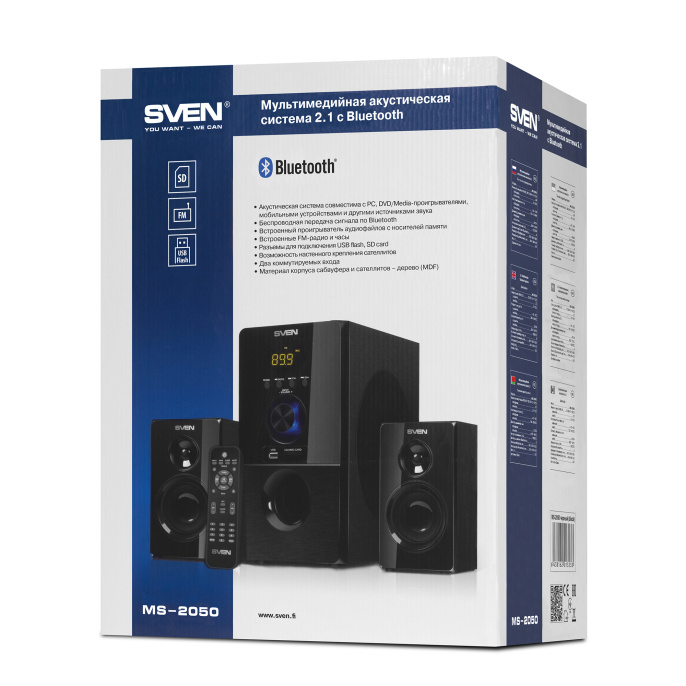 Акустика Sven MS-2050 Черный SV-013233 2 x 12.5 + 30 Вт, 45-20000 Гц, пульт ДУ, USB+SD ридер, FM-радио + часы, LED-дисплей, Bluetooth, сателлиты: 104x180x92, сабвуфер: 165x325x282 мм