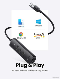 Хаб UGREEN CM416-80657 USB-A 3.0 to 4 USB-A 3.0, с проводом 1m; Поддержка жесткого диска 12 ТБ; С портом питания Type-C; Светодиодные индикаторы; Скорость до