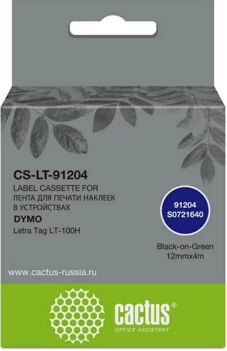 Картридж ленточный Cactus CS-LT-91204 91204 черный на зеленом 12x4 для Dymo Letra Tag LT-100H