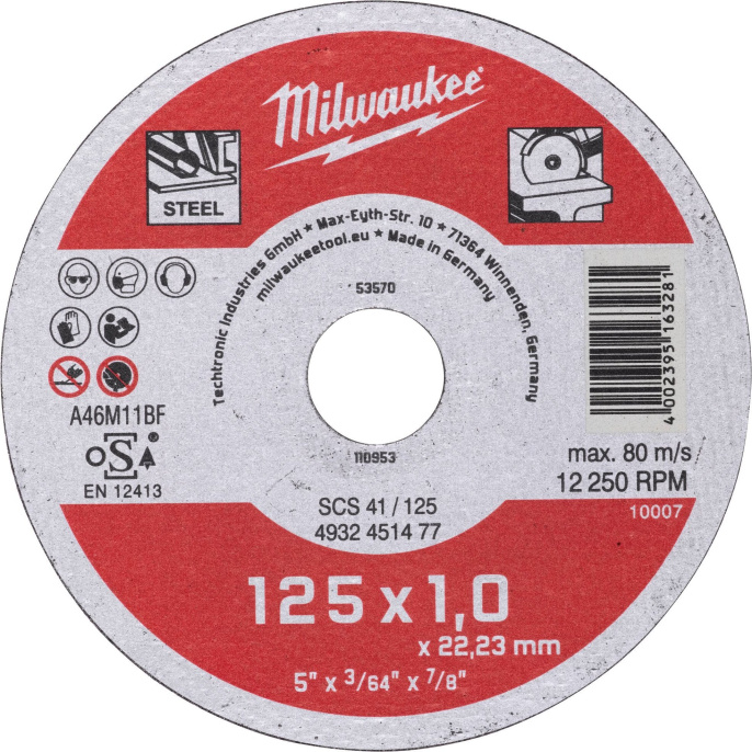 Диск отрезной Milwaukee SCS41 125x1 4932451477 по металлу, внутренний диаметр диска: 22мм
