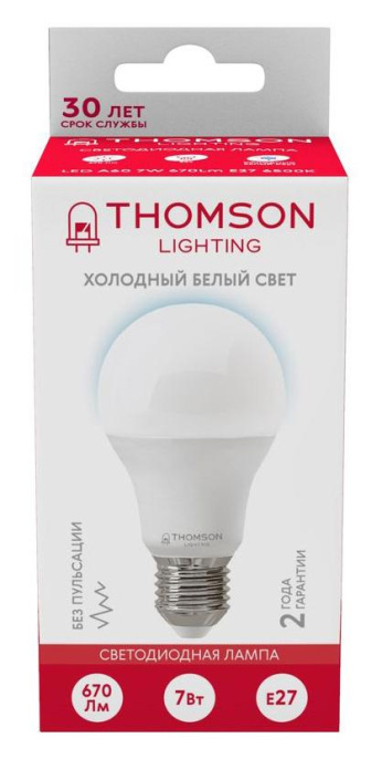 Лампа светодиодная Thomson TH-B2301 7Вт цок.:E27 груша 220B св.свеч.бел.хол. A упак.:1шт