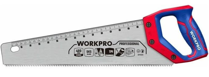 Ножовка WorkPro WP215005 400мм эргономичная ручка, со шкалой, прочное пильное полотно SK5, острые трехгранные зубья, конструкция 11 TPI, подходит для быстрой резки древесины, бамбука, ПВХ
