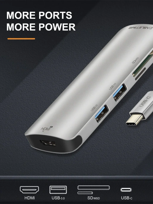 USB-C концентратор  CABLETIME (CT-C160-PU32) 6-в-1 с HDMI и USB 3.0