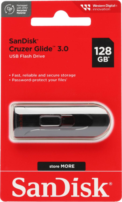 Флешка USB Sandisk Cruzer Glide 128ГБ, USB3.0, черный и красный [sdcz600-128g-g35]