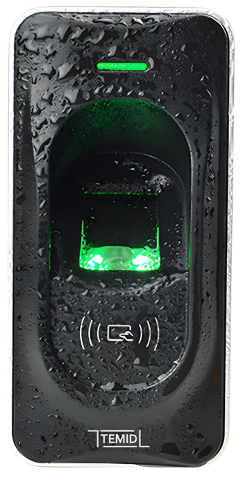 Считыватель Temid FR1200 (идентификация: отпечаток пальца, карта, сенсор: оптический, тип RFID карт: Em-Marine 125 кГц, IP65, процессор: 324MГц, питание: DC 12В, рабочая температура: 0ºC-+45ºC)