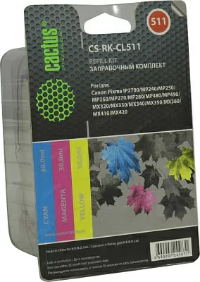 Заправочный комплект Cactus CS-RK-CL511 C/Y/M (3x30мл) для Canon Pixma IP2700/MP240/250/260/270/MX320/330