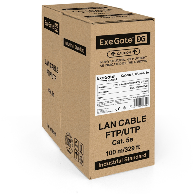 Кабель ExeGate UTP4-C5e-CCA-S26-IN-PVC-GY-100 UTP 4 пары кат.5e CCA, 26AWG, бухта 100м, серый, PVC EX281818RUS