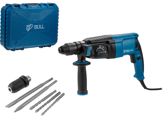 Перфоратор BULL BH 2602 в чем. 800 Вт, 3.0 Дж, 4 реж. + 2 зубила, 3 сверла, БЗП в комплекте 01045325