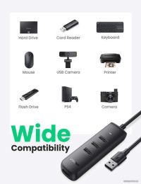 Хаб UGREEN CM416-80657 USB-A 3.0 to 4 USB-A 3.0, с проводом 1m; Поддержка жесткого диска 12 ТБ; С портом питания Type-C; Светодиодные индикаторы; Скорость до