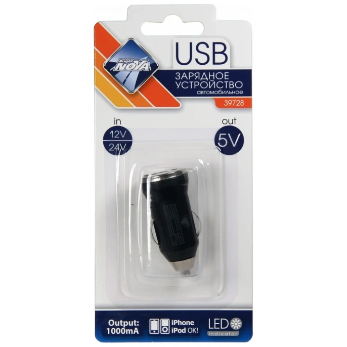 Зарядное устройство для моб.устройств Nova Bright USB-порт, 1000 мА, LED индикатор, 12/24 В 39728