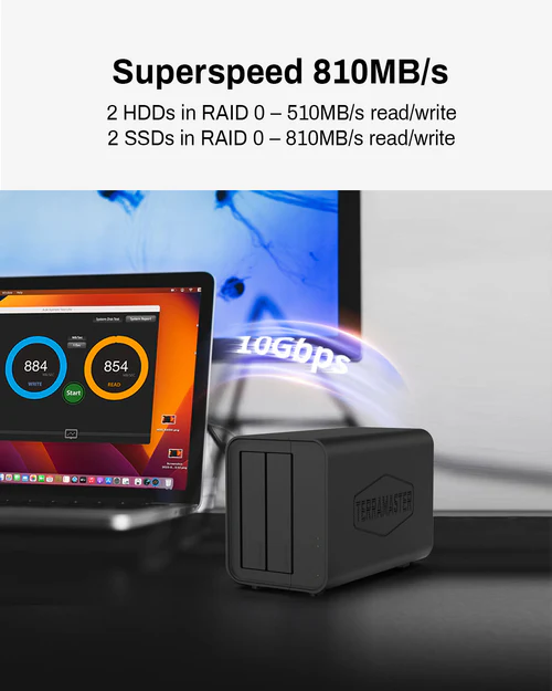 Внешний корпус для жёстких дисков TerraMaster D2-320 DAS tower/JBOD,RAID0,1/up to 2 SATA 3,5' or 2,5' /1xUSB3.1 Type-C gen2/1xPS/1YW