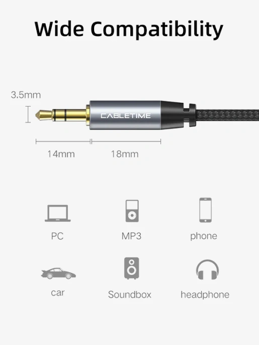 Аудиокабель CABLETIME CF10H (CT-AV311-P11GN-SG1) 1 м, AUX стерео 3,5 мм (1/8") медный, черный ПВХ нейлоновый