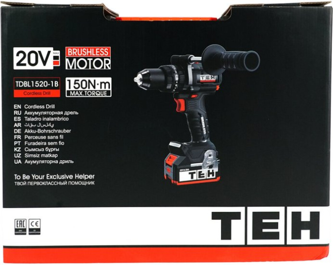 Дрель-шуруповерт TEH TDBL1520-1B (напряжение: 20 В, обороты: 0-500/2200 об/мин, крутящий момент: 150 нм, быстрозажимной патрон: 13 мм, в комплекте: крюк для ремня, комплектация: акб 4 ач, зу, кейс stack)