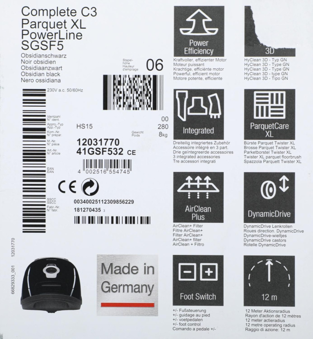 Пылесос Miele Complete C3 Parquet XL PowerLine, 890Вт, черный/черный [complete c3 xl sgsf5]