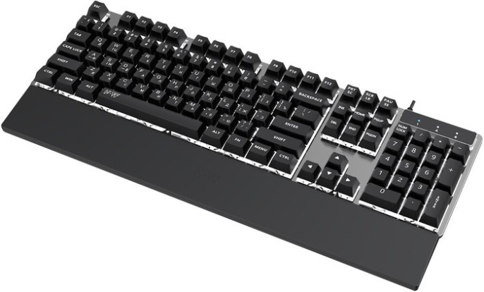 Клавиатура HAFF Gravix (KBD-GK150) (мембранная, проводная: USB, алюминиевая панель, подставка под запястье, RGB- подсветка, 1.6 м плетеный кабель, цвет: серебристый)