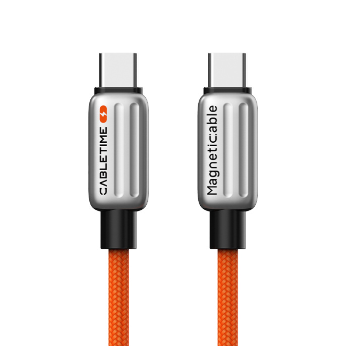 Магнитный кабель USB-C CABLETIME CU06L (CT-CM240-MZO2) 2 м, 480 Мбит/с, 5А/48В 240Вт, оранжевый, для быстрого заряда смартфонов и ноутбуков