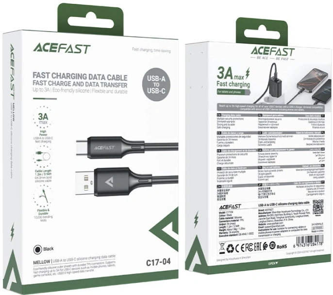 Кабель USB Am -USB Type-C m , 1.2 м, черный, ACEFAST AF-C17-04-BK