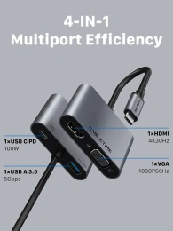Док-станция CABLETIME CB41G (CT-C160-PU31-CMHV-S0.15) 4-в-1 USB тип C на HDMI+VGA