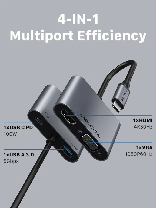 Док-станция CABLETIME CB41G (CT-C160-PU31-CMHV-S0.15) 4-в-1 USB тип C на HDMI+VGA