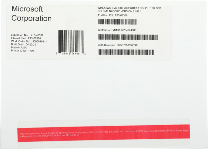 Операционная система Microsoft Windows Server Std 2022 64Bit Eng 1pk DSP OEI DVD 16 Core (P73-08328)