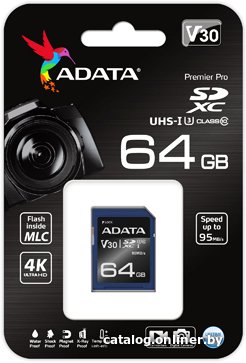 Карта памяти SDXC 64 Gb ADATA Premier ASDX64GUI3V30S-R 64 ГБ, класс 10, UHS-I RETAIL