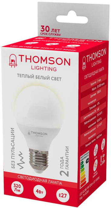 Лампа светодиодная Thomson TH-B2361 4Вт цок.:E27 шар 220B св.свеч.бел.теп. Globe упак.:1шт