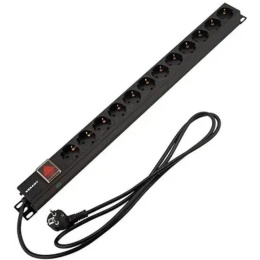 Rexant 04-0204-2 Блок распределения питания для 19" шкафов, вертикальный, 12 розеток СЕЕ 7/4, 16A, выкл, алюм корп, шнур 2м, вилка СЕЕ 7/7