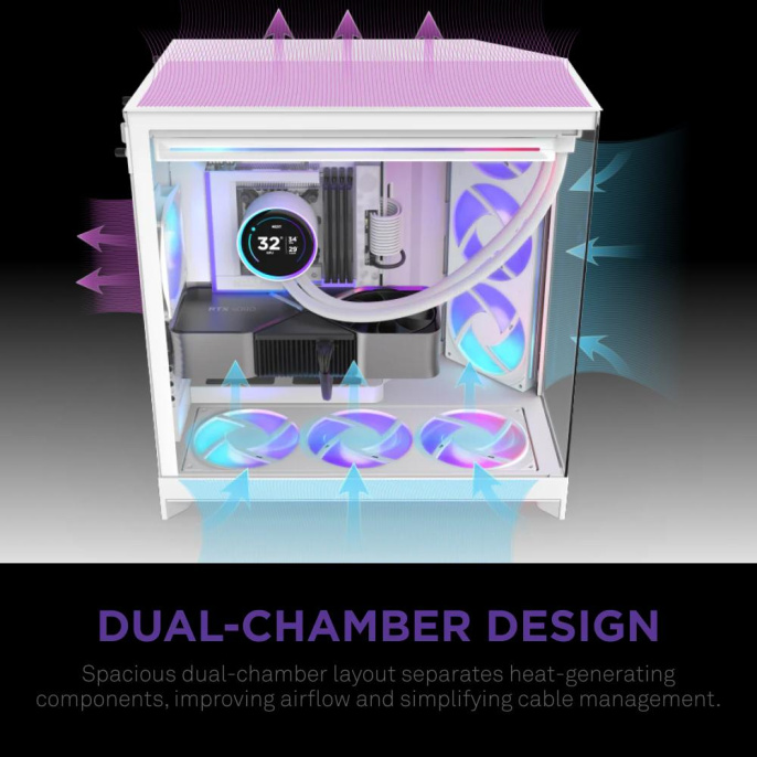 Корпус без блока питания Case NZXT H9 Flow RGB+ 2025 , Midi-Tower, TG, 6x140mm RGB + 1x120mm RGB, 2xUSB-A 3.2 + 1xUSB-C 3.2, E-ATX, ATX, mATX, mITX White (CM-H92FW-P1)