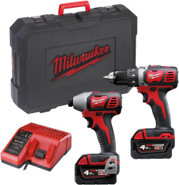 Набор инструментов Milwaukee M18 BPP2D-402C 4933447126 включает в себя: шуруповерт М18 BDD, винтоверт M18 BID, напряжение аккумулятора: 18 В, 2 аккумуляторных блока M18 B4, зарядное устройство M12-18 C