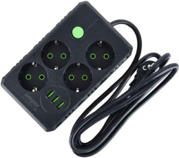 Сетевой удлинитель Amper JH-1035U-2B, 2,0м, 4 розетки, 10А, 2500 Вт, 3usb, черный.