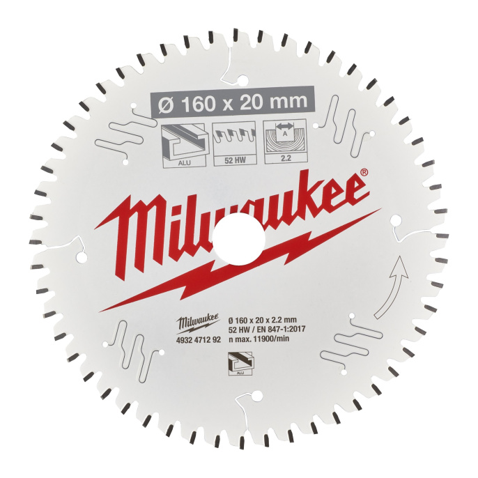 Диск пильный Milwaukee 160x20x2.2x52 TF 4932471292 по алюминию для циркулярной пилы, угол атаки зуба: -5°, низкая вибрация