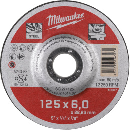 Шлифовальный диск Milwaukee SG 27 125x6 25шт (4932451482) (обрабатываемый материал: металл, не подходит для нержавеющей стали, размер отверстия: 22.2мм, установка: на фланец)