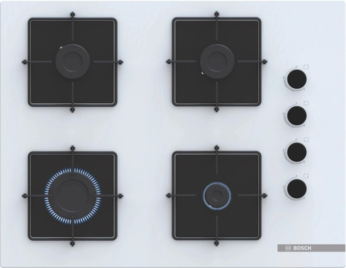 Газовая варочная панель Bosch POP7C2P30O,  4 конфорки,  закаленное стекло,  белый