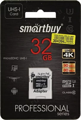 Карта памяти SmartBuy SB32GBSDCL10U3-01 microSDHC 32Gb UHS-I U3 + microSD--SD Adapter