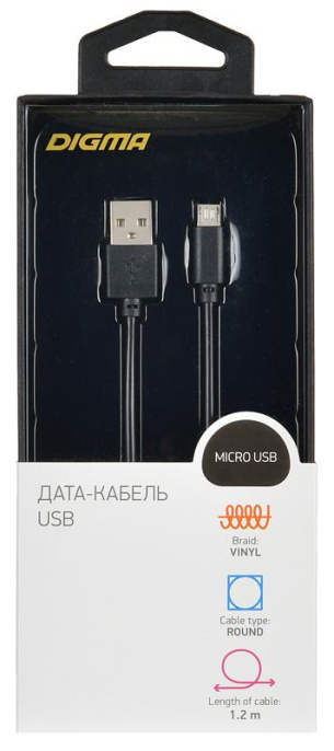 Кабель Digma micro USB (m) -  USB (m),  1.2м,  2A,  черный [microusb-1.2m-blk]